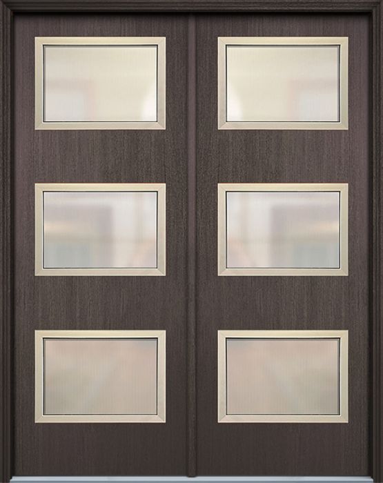 36" x 96" Continental 3 Lite Contemporary Mahogany Fiberglass Double Door w/Aluminum Frame