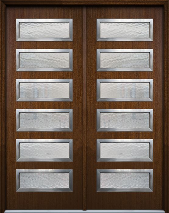 36" x 96" Beverly 6 Lite Contemporary Mahogany Fiberglass Double Door w/Aluminum Frame