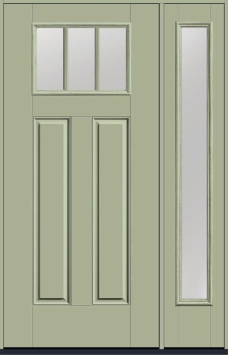 80" Low-E Craftsman Top View 3 Lite 2 Panel SDL Smooth Fiberglass Single Door, Full Sidelite