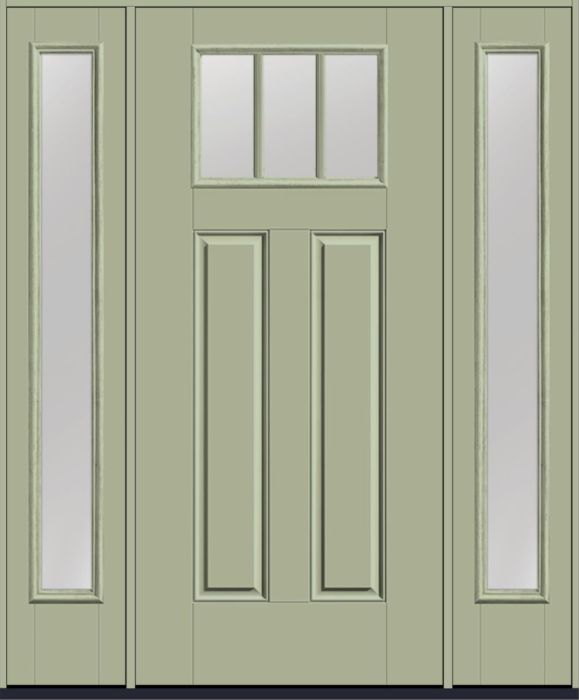 80" Low-E Craftsman Top View 3 Lite 2 Panel SDL Smooth Fiberglass Single Door, Full Sidelites