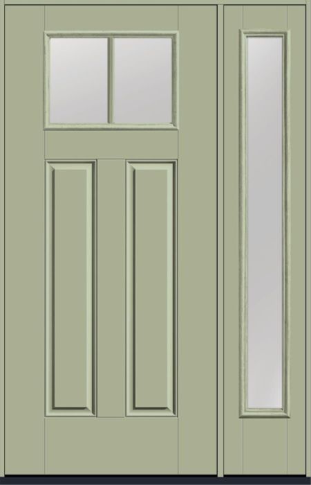 80" Low-E Craftsman Top View 2 Lite 2 Panel SDL Smooth Fiberglass Single Door, Full Sidelite