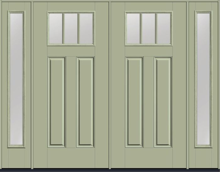 80" Low-E Craftsman Top View 3 Lite 2 Panel SDL Smooth Fiberglass Double Door, Full Sidelites