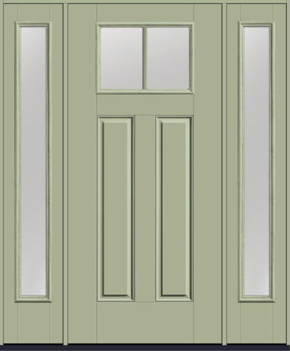80" Low-E Craftsman Top View 2 Lite 2 Panel SDL Smooth Fiberglass Single Door, Full Sidelites
