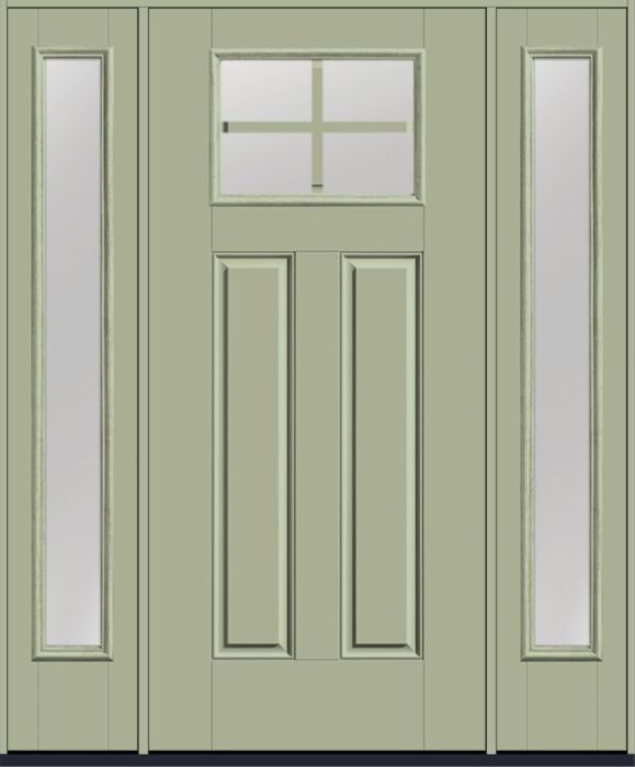 80" Low-E Craftsman Top View 4 Lite 2 Panel SDL Smooth Fiberglass Single Door, Full Sidelites