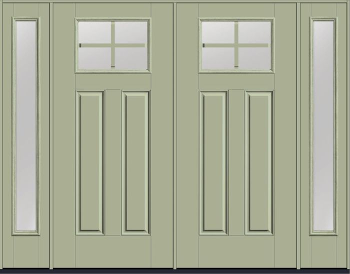 80" Low-E Craftsman Top View 4 Lite 2 Panel SDL Smooth Fiberglass Double Door, Full Sidelites