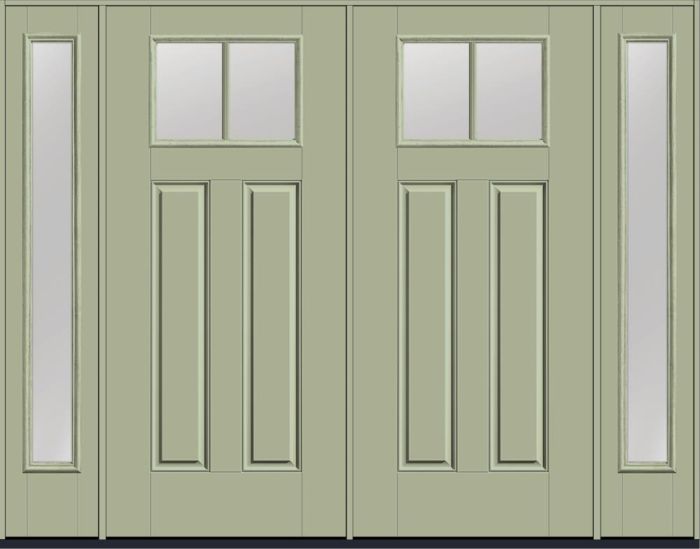 80" Low-E Craftsman Top View 2 Lite 2 Panel SDL Smooth Fiberglass Double Door, Full Sidelites