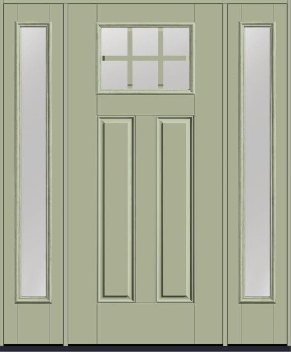 80" Low-E Craftsman Top View 6 Lite 2 Panel SDL Smooth Fiberglass Single Door, Full Sidelites