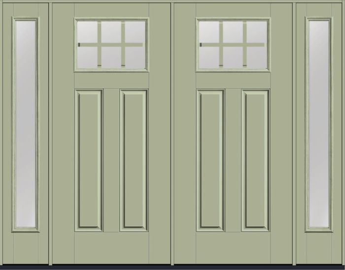 80" Low-E Craftsman Top View 6 Lite 2 Panel SDL Smooth Fiberglass Double Door, Full Sidelites