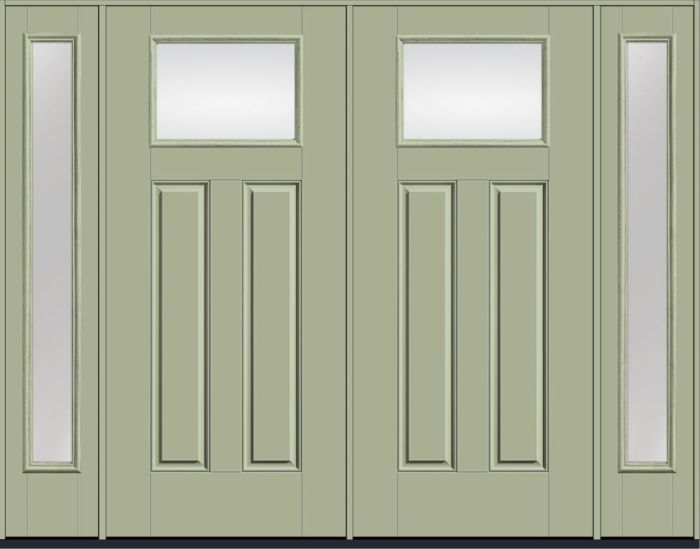 80" Low-E Craftsman Top View 2 Panel Smooth Fiberglass Double Door, Full Sidelites