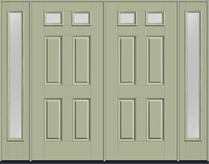 80" Low-E Top View 2 Lite 4 Panel Smooth Fiberglass Double Door, Full Sidelites