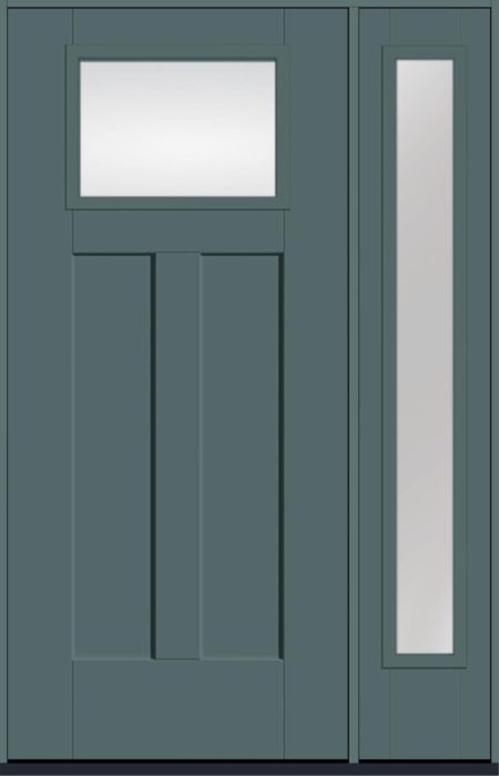 80" Low-E Craftsman Top View 2 Panel Shaker Smooth Fiberglass Single Door, Full Sidelite