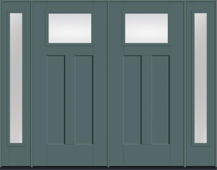 80" Low-E Craftsman Top View 2 Panel Shaker Smooth Fiberglass Double Door, Full Sidelites