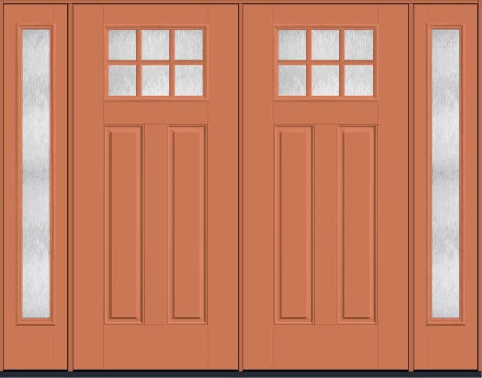 80" Chord Craftsman Top View 6 Lite 2 Panel SDL Smooth Fiberglass Double Door, Full Sidelites