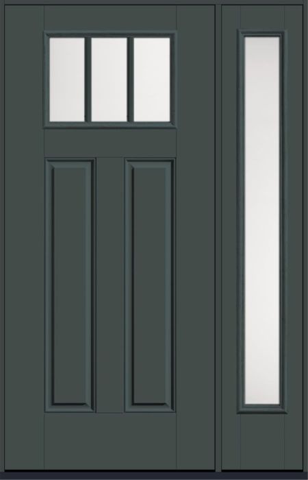 80" Satin Etch Craftsman Top View 3 Lite 2 Panel SDL Smooth Fiberglass Single Door, Full Sidelite