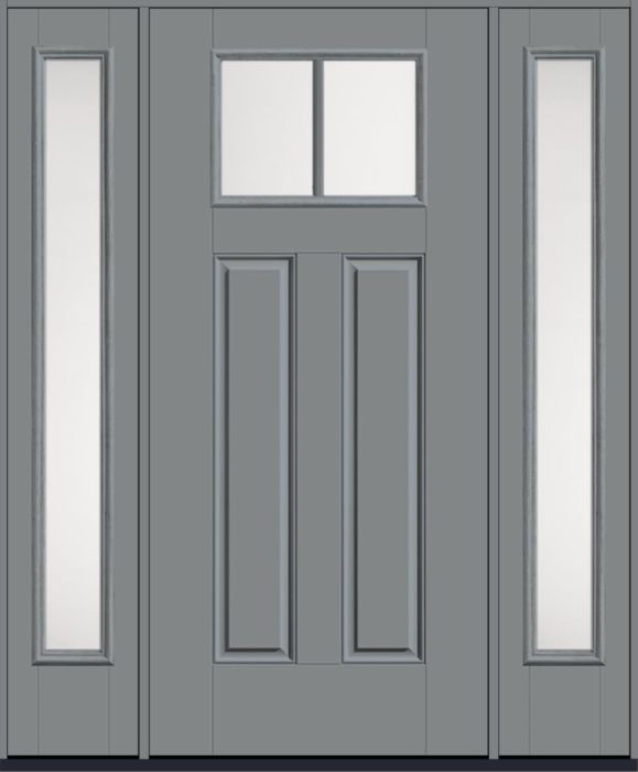 80" Satin Etch Craftsman Top View 2 Lite 2 Panel SDL Smooth Fiberglass Single Door, Full Sidelites