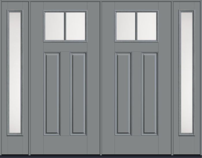 80" Satin Etch Craftsman Top View 2 Lite 2 Panel SDL Smooth Fiberglass Double Door, Full Sidelites