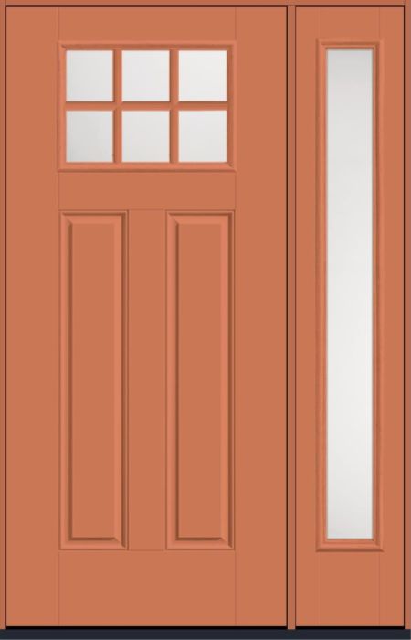 80" Satin Etch Craftsman Top View 6 Lite 2 Panel SDL Smooth Fiberglass Single Door, Full Sidelite