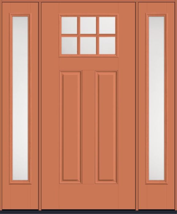 80" Satin Etch Craftsman Top View 6 Lite 2 Panel SDL Smooth Fiberglass Single Door, Full Sidelites