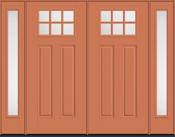 80" Satin Etch Craftsman Top View 6 Lite 2 Panel SDL Smooth Fiberglass Double Door, Full Sidelites
