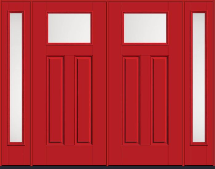 80" Satin Etch Craftsman Top View 2 Panel Smooth Fiberglass Double Door, Full Sidelites