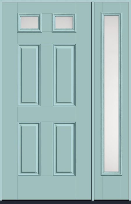 80" Satin Etch Top View 2 Lite 4 Panel Smooth Fiberglass Single Door, Full Sidelite