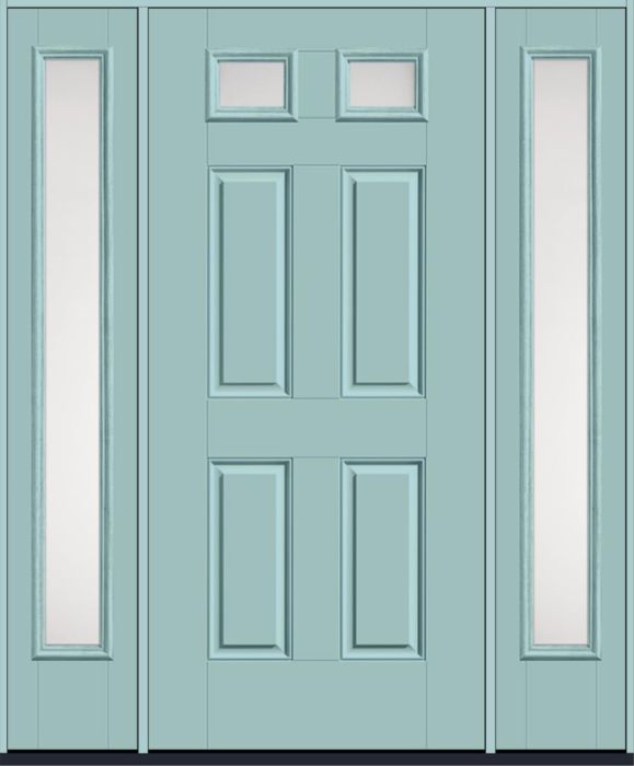 80" Satin Etch Top View 2 Lite 4 Panel Smooth Fiberglass Single Door, Full Sidelites