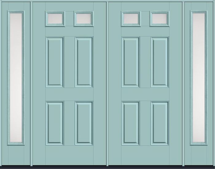 80" Satin Etch Top View 2 Lite 4 Panel Smooth Fiberglass Double Door, Full Sidelites