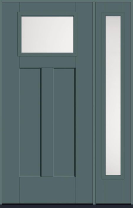 80" Satin Etch Craftsman Top View 2 Panel Shaker Smooth Fiberglass Single Door, Full Sidelite