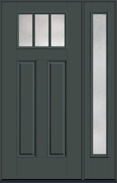 80" Rainglass Craftsman Top View 3 Lite 2 Panel SDL Smooth Fiberglass Single Door, Full Sidelite