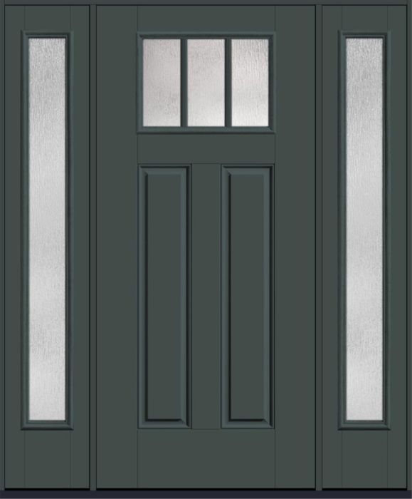 80" Rainglass Craftsman Top View 3 Lite 2 Panel SDL Smooth Fiberglass Single Door, Full Sidelites