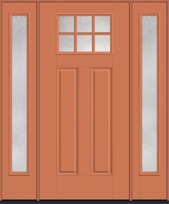 80" Rainglass Craftsman Top View 6 Lite 2 Panel SDL Smooth Fiberglass Single Door, Full Sidelites