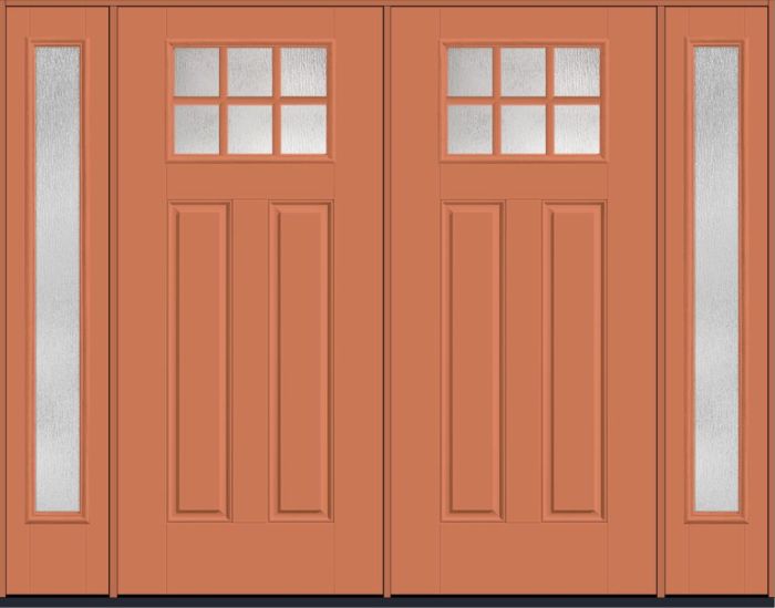 80" Rainglass Craftsman Top View 6 Lite 2 Panel SDL Smooth Fiberglass Double Door, Full Sidelites