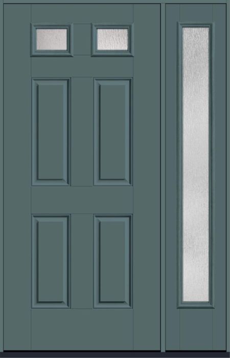 80" Rainglass Top View 2 Lite 4 Panel Smooth Fiberglass Single Door, Full Sidelite
