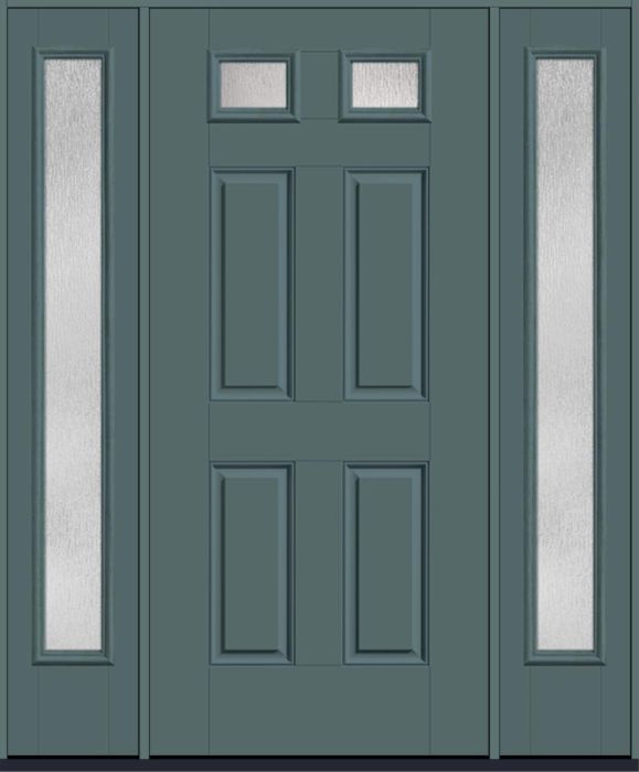 80" Rainglass Top View 2 Lite 4 Panel Smooth Fiberglass Single Door, Full Sidelites