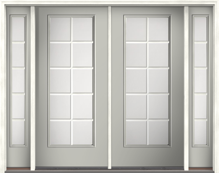 80" Satin Etch Colonial 10 Lite SDL Smooth Full Lite Fiberglass Double Door, Sidelites