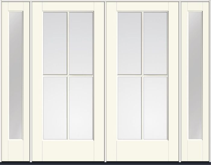80" Low-E Colonial 4 Lite SDL Smooth Full Lite Flush-Glazed Fiberglass Double Door, Sidelites