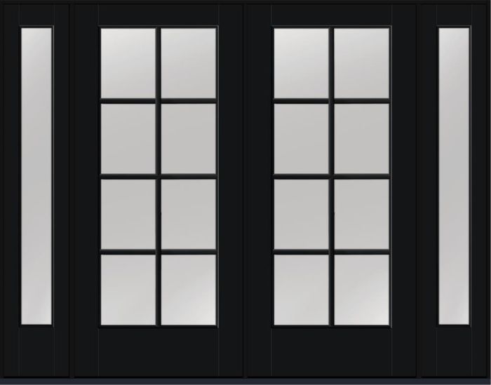 80" Low-E Colonial 8 Lite SDL Smooth Full Lite Flush-Glazed Fiberglass Double Door, Sidelites