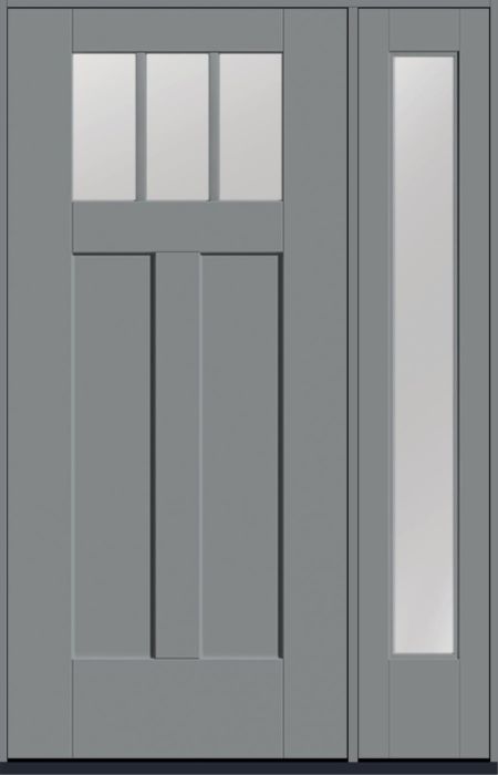 80" Low-E Craftsman Top View 3 Lite 2 Panel Shaker SDL Flat 1-1/8" Smooth Flush-Glazed Fiberglass Single Door, Full Sidelite