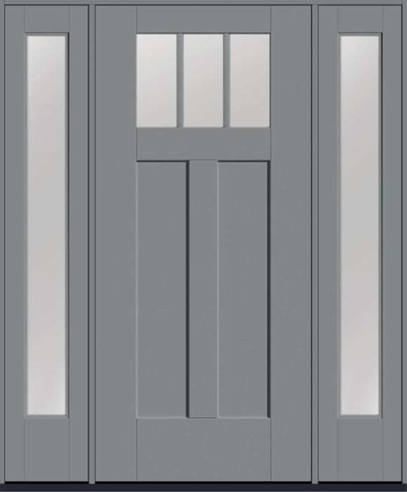 80" Low-E Craftsman Top View 3 Lite 2 Panel Shaker SDL Flat 1-1/8" Smooth Flush-Glazed Fiberglass Single Door, Full Sidelites