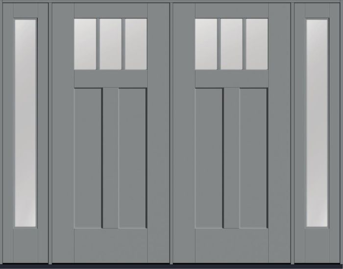 80" Low-E Craftsman Top View 3 Lite 2 Panel Shaker SDL Flat 1-1/8" Smooth Flush-Glazed Fiberglass Double Door, Full Sidelites