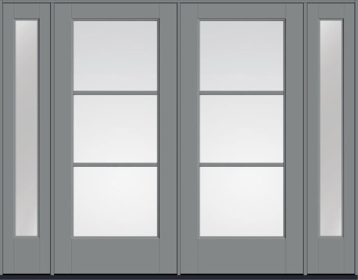 80" Low-E Colonial 3 Lite SDL Flat 1-1/8" Smooth Full Lite Flush-Glazed Fiberglass Double Door, Sidelites