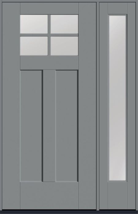 80" Low-E Craftsman Top View 4 Lite 2 Panel Shaker SDL Flat 1-1/8" Smooth Flush-Glazed Fiberglass Single Door, Full Sidelite