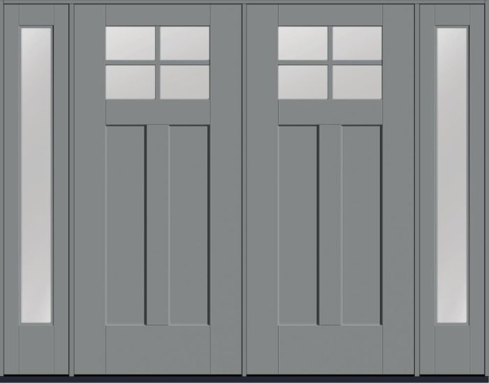 80" Low-E Craftsman Top View 4 Lite 2 Panel Shaker SDL Flat 1-1/8" Smooth Flush-Glazed Fiberglass Double Door, Full Sidelites