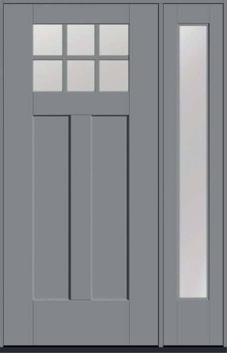 80" Low-E Craftsman Top View 6 Lite 2 Panel Shaker SDL Flat 1-1/8" Smooth Flush-Glazed Fiberglass Single Door, Full Sidelite