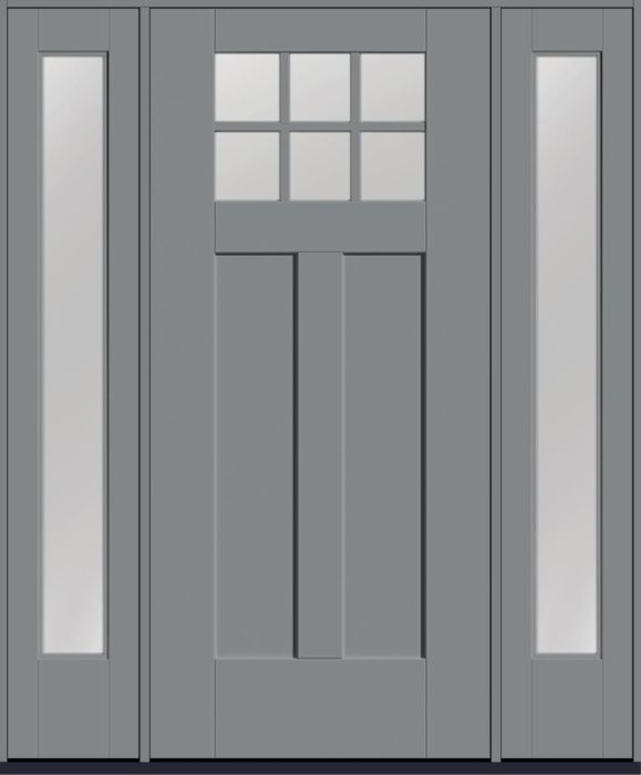 80" Low-E Craftsman Top View 6 Lite 2 Panel Shaker SDL Flat 1-1/8" Smooth Flush-Glazed Fiberglass Single Door, Full Sidelites