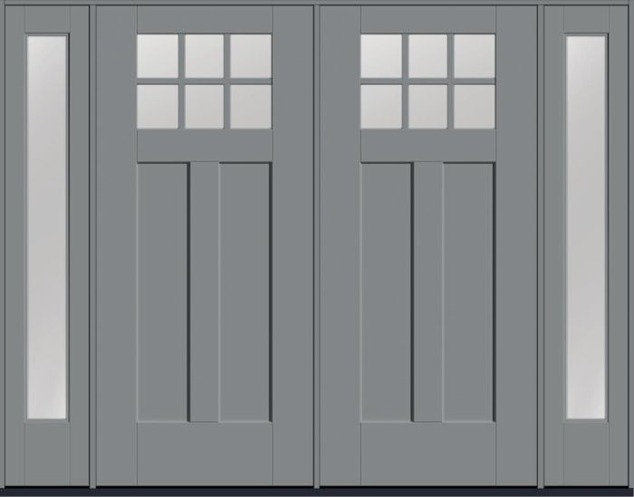 80" Low-E Craftsman Top View 6 Lite 2 Panel Shaker SDL Flat 1-1/8" Smooth Flush-Glazed Fiberglass Double Door, Full Sidelites