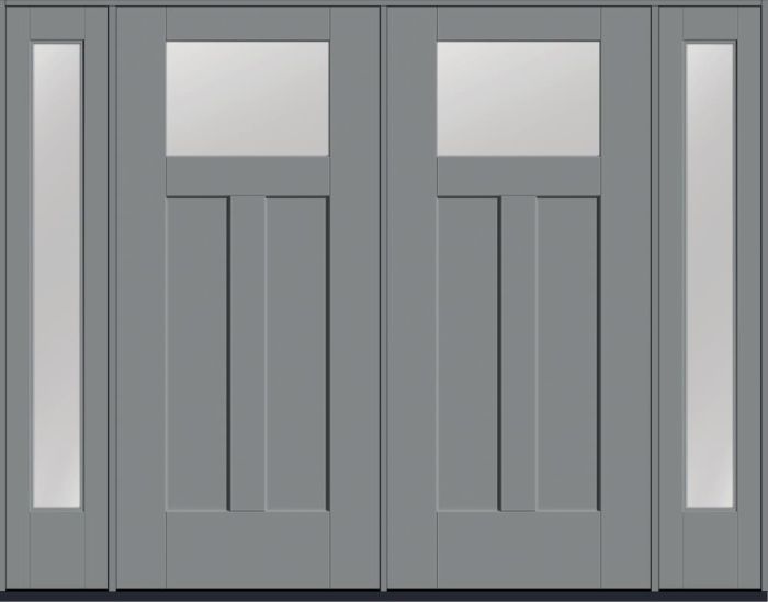 80" Low-E Craftsman Top View 2 Panel Shaker Smooth Flush-Glazed Fiberglass Double Door, Full Sidelites