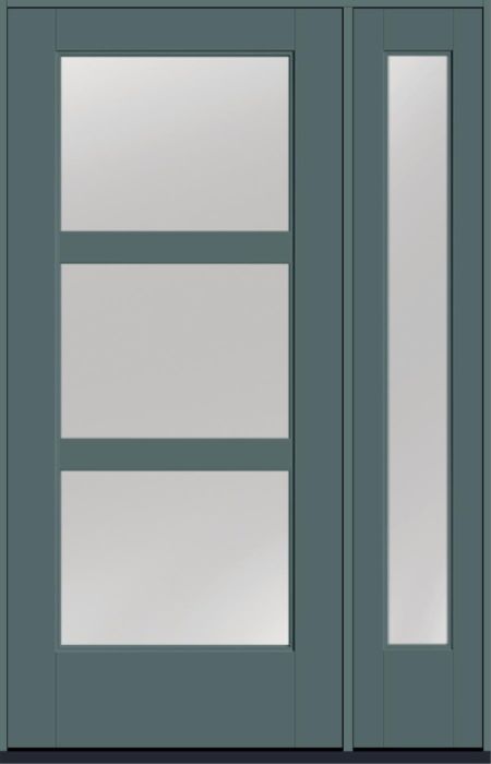 80" Low-E Contemporary 3 Lite SDL Flat 3-1/2" Smooth Full Lite Flush-Glazed Fiberglass Single Door, Full Sidelite