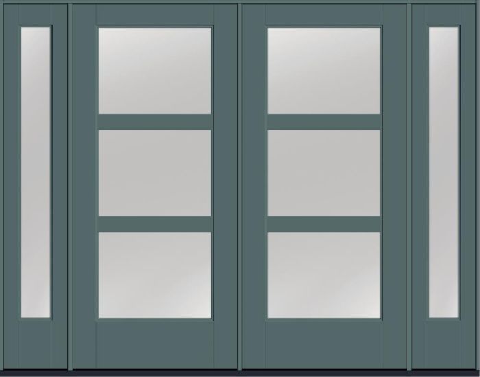 80" Low-E Contemporary 3 Lite SDL Flat 3-1/2" Smooth Full Lite Flush-Glazed Fiberglass Double Door, Full Sidelites