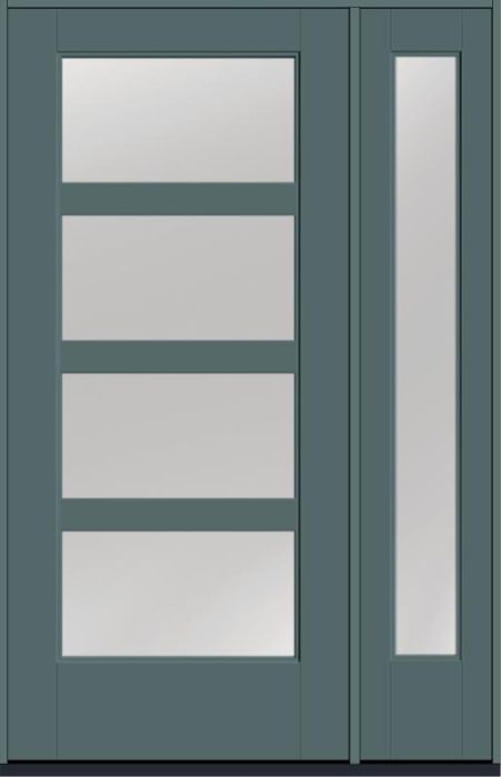 80" Low-E Contemporary 4 Lite SDL Flat 3-1/2" Smooth Full Lite Flush-Glazed Fiberglass Single Door, Full Sidelite